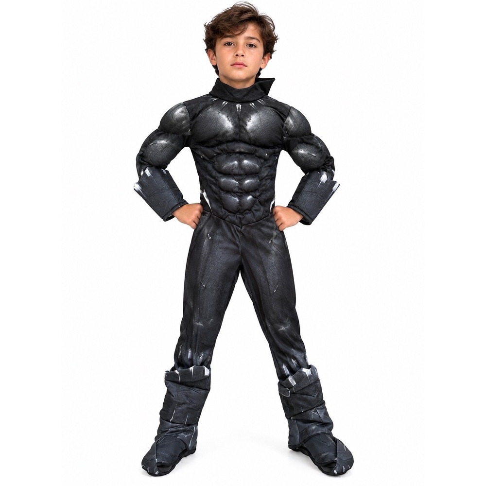 Marvel Black Panther Muscle Chest Costume Kids Medium 8-10 Jumpsuit Black Silver
